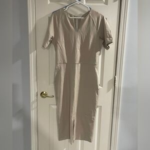 Marycrafts Women Classic Tan Nude Short Sleeve V Neck Midi Bodycon Dress Size 10